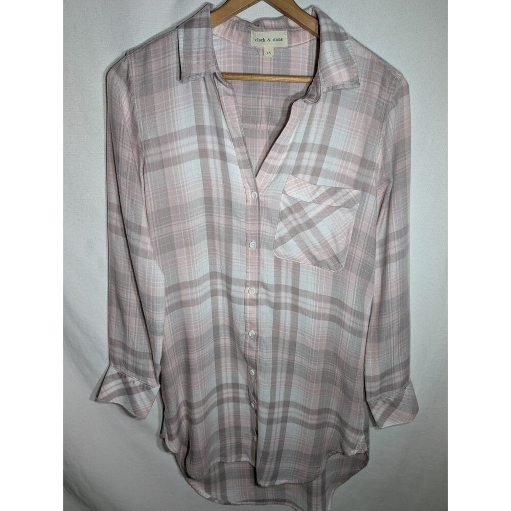 Anthropologie Cloth & Stone Womens Pink Plaid Long Sleeve Button Up Tunic Top XS